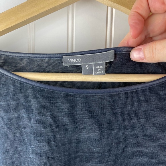 Vince Linen And Lamb Leather Trimmed Long Sleeve Top Navy Blue Size Small - Picture 3 of 7